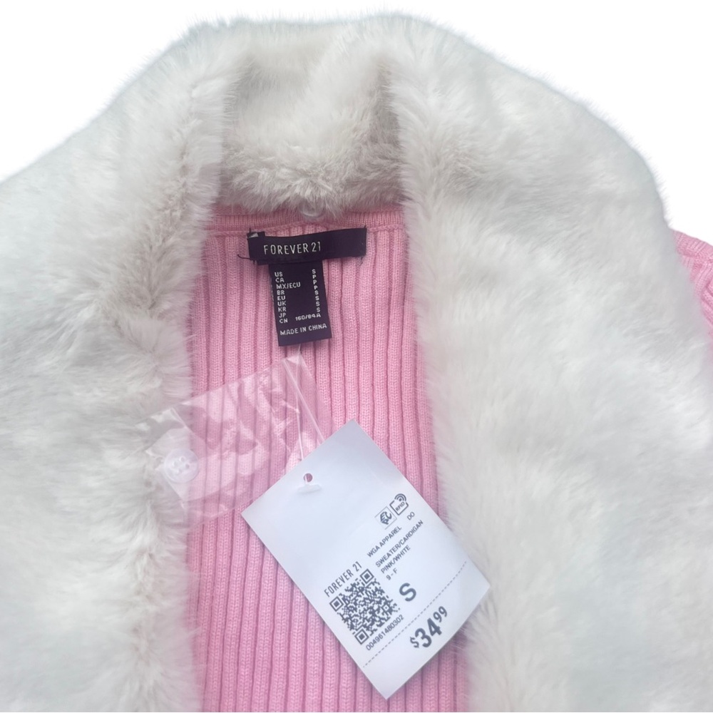 NWT Forever 21 Faux Fur Collar Tie Front Pink Coquette Stretch Knit Cardigan - Picture 2 of 3